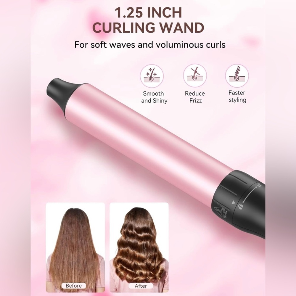Pink Curling Wand Iron 1-1/4Inch: Clip Free Hair Curler Relaxed Curls & Beach​​​ - Picture 3 of 8
